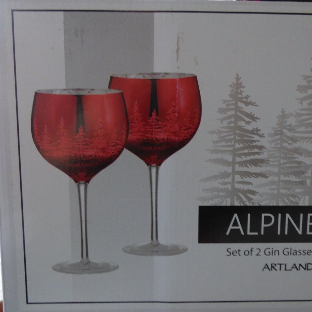 ALPINE SET OF 2 GIN GLASSES RED WITH PINE TREES HOLIDAY CHRISTMAS GOTH VICTORIAN